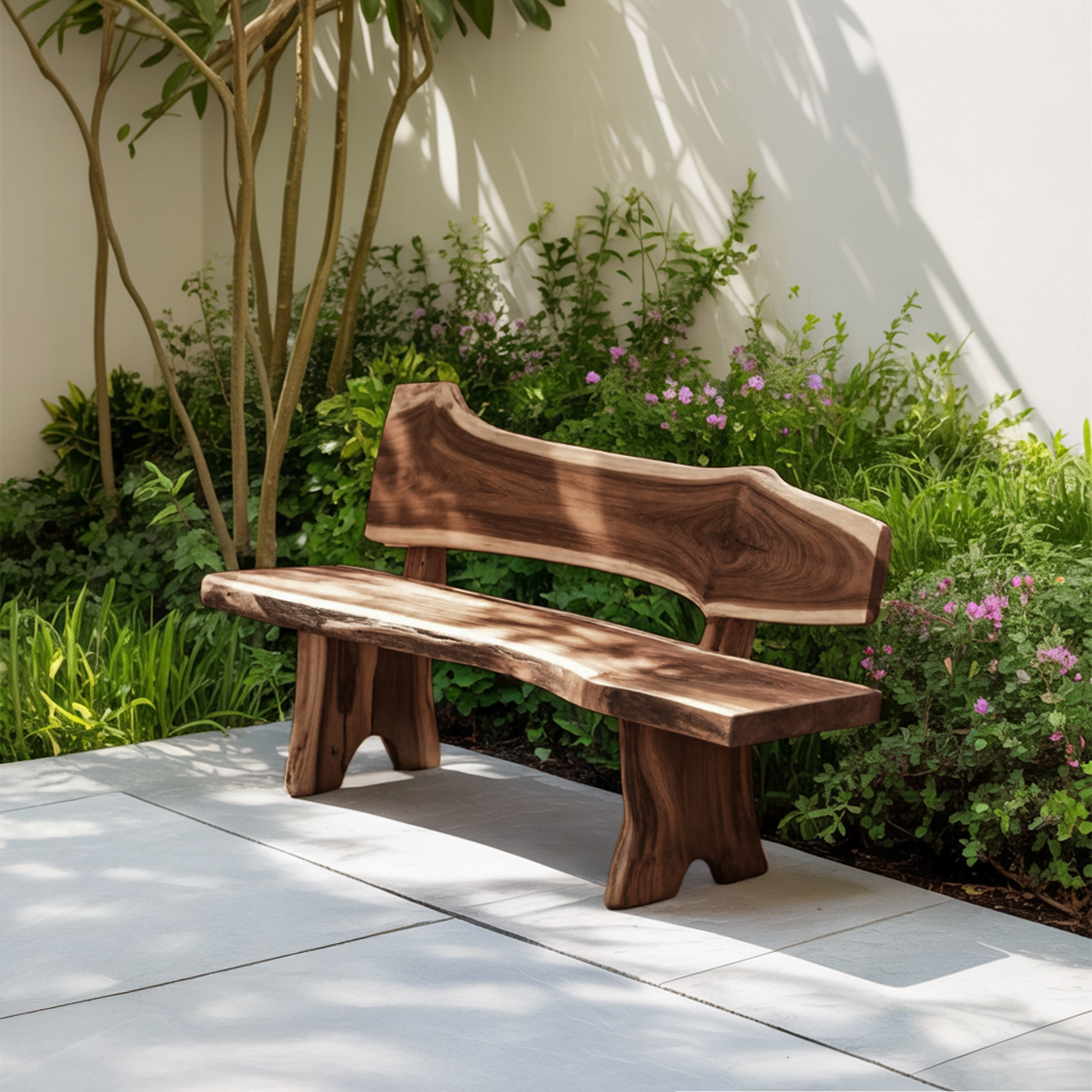 Rustic Live Edge Outdoor Bench With Curved Back For Patio Or Garden Kitchnce