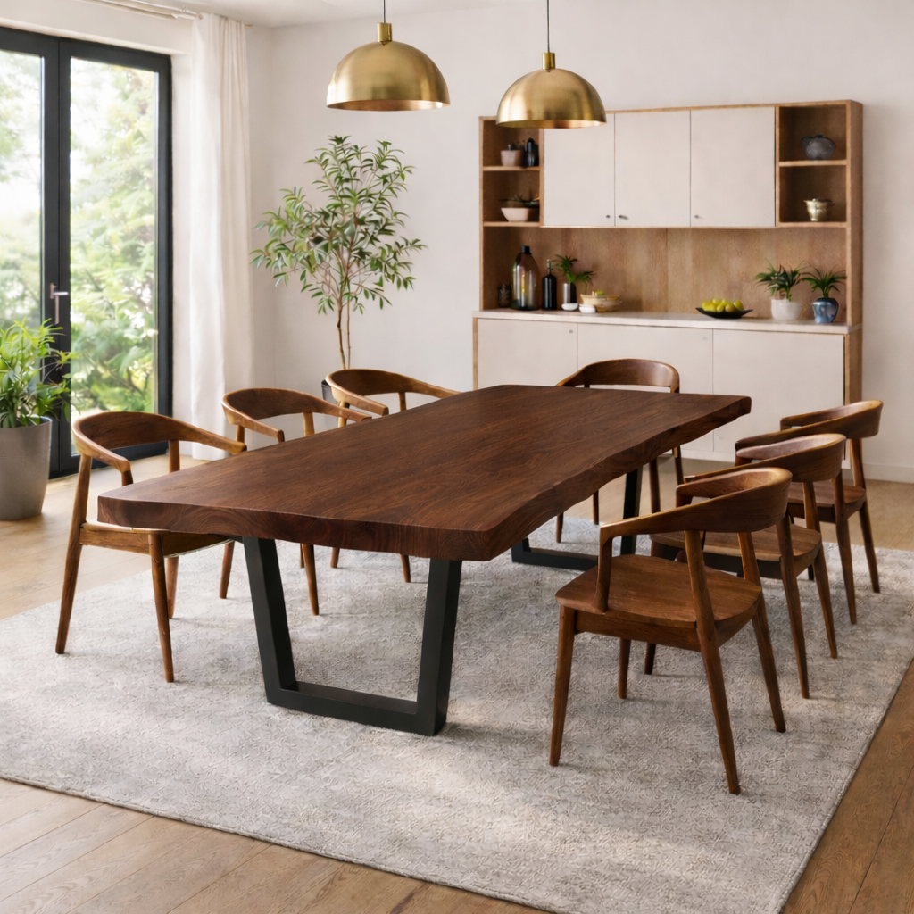 Modern Solid Walnut Dining Table with Black U-Shaped Steel Legs for Minimalist Interiors