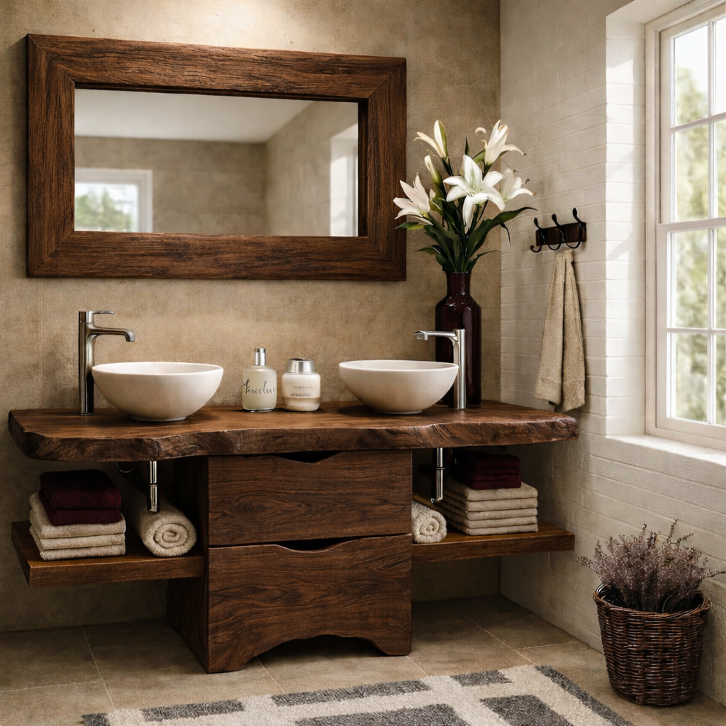 Live Edge Solid Wood Bathroom Vanity with Drawers & Open Shelf