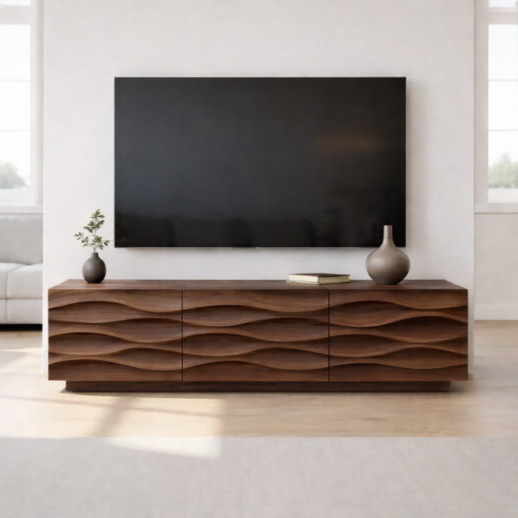 Modern Solid Wood TV Stand with Wave Front Design, Walnut Finish Media Console Cabinet Kitchnce