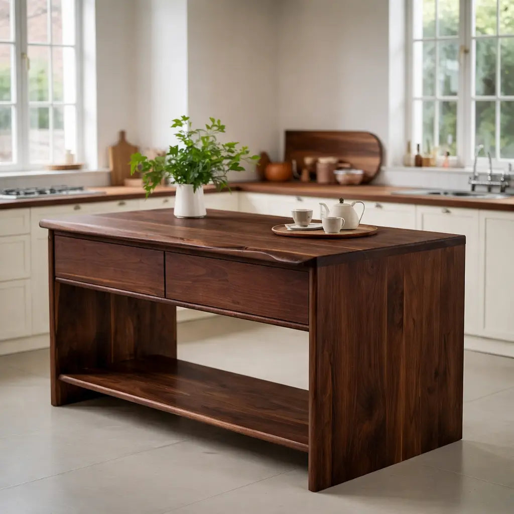 Modern Solid Wood Kitchen Island with Drawer and Open Shelf Storage Prep Table Kitchnce