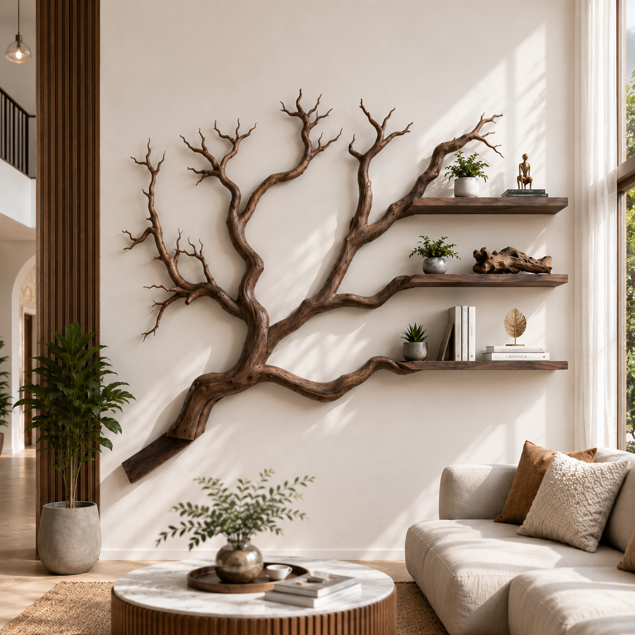 Handcrafted Solid Wood Branch Bookshelf with Floating Wall Shelves