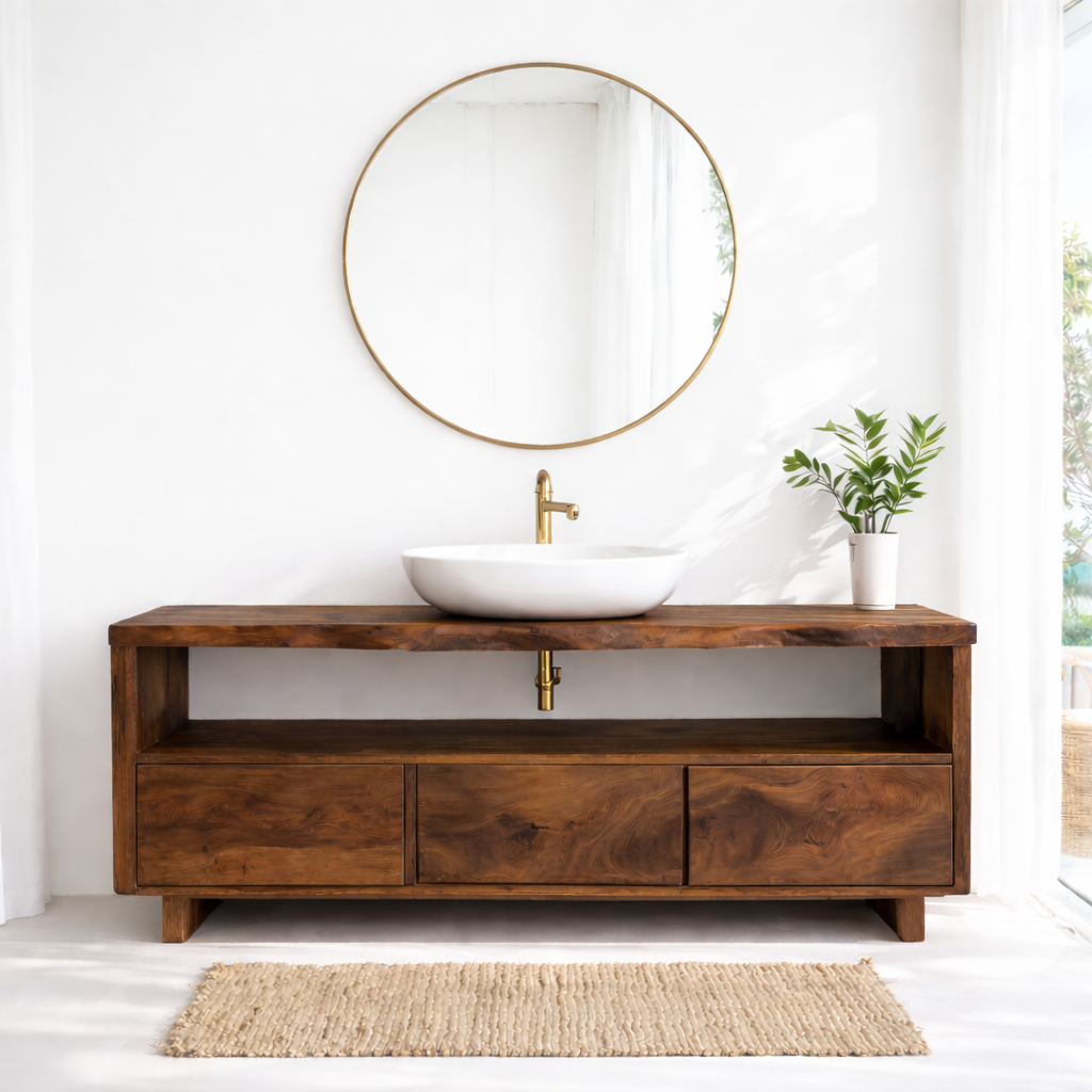 Solid Wood Bathroom Vanity with Open Shelf and Three Drawers – Rustic Freestanding Wood Vanity Cabinet Kitchnce