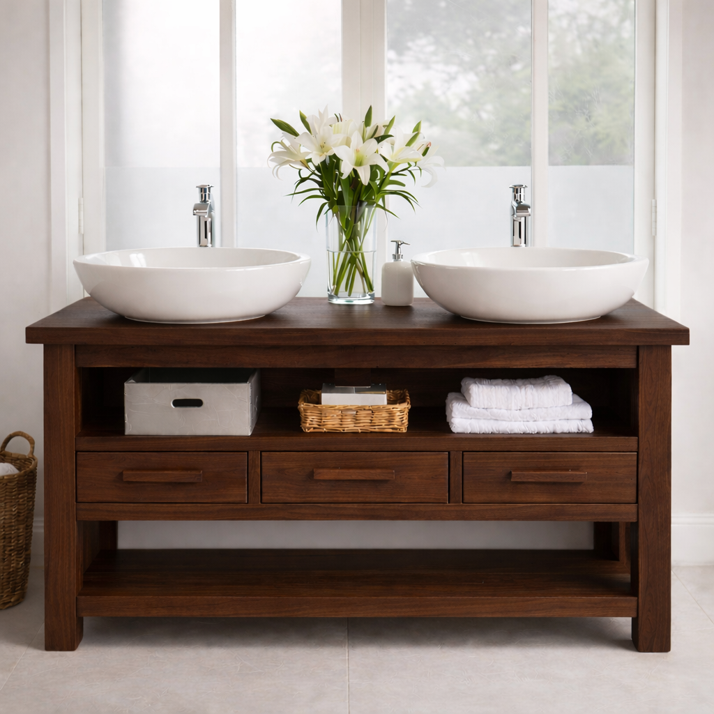Solid Oak Double Bathroom Vanity with Storage for Spacious Bathrooms Kitchnce