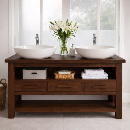 Solid Oak Double Bathroom Vanity with Storage for Spacious Bathrooms Kitchnce