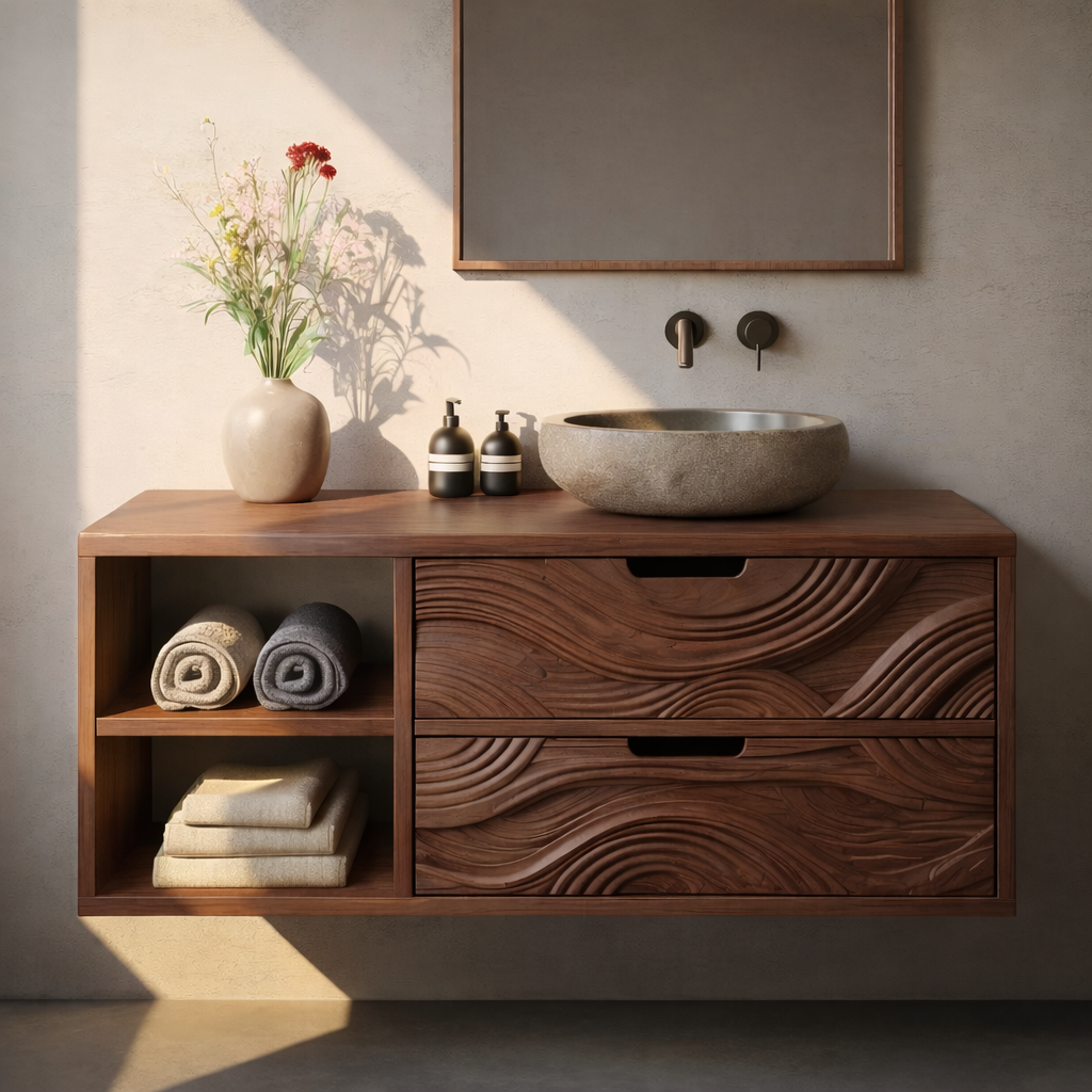 Floating Solid Wood Bathroom Vanity with Sculpted Wave Drawers and Open Shelf – Modern Organic Bathroom Cabinet Kitchnce