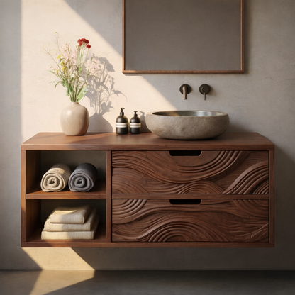 Floating Solid Wood Bathroom Vanity with Sculpted Wave Drawers and Open Shelf – Modern Organic Bathroom Cabinet Kitchnce