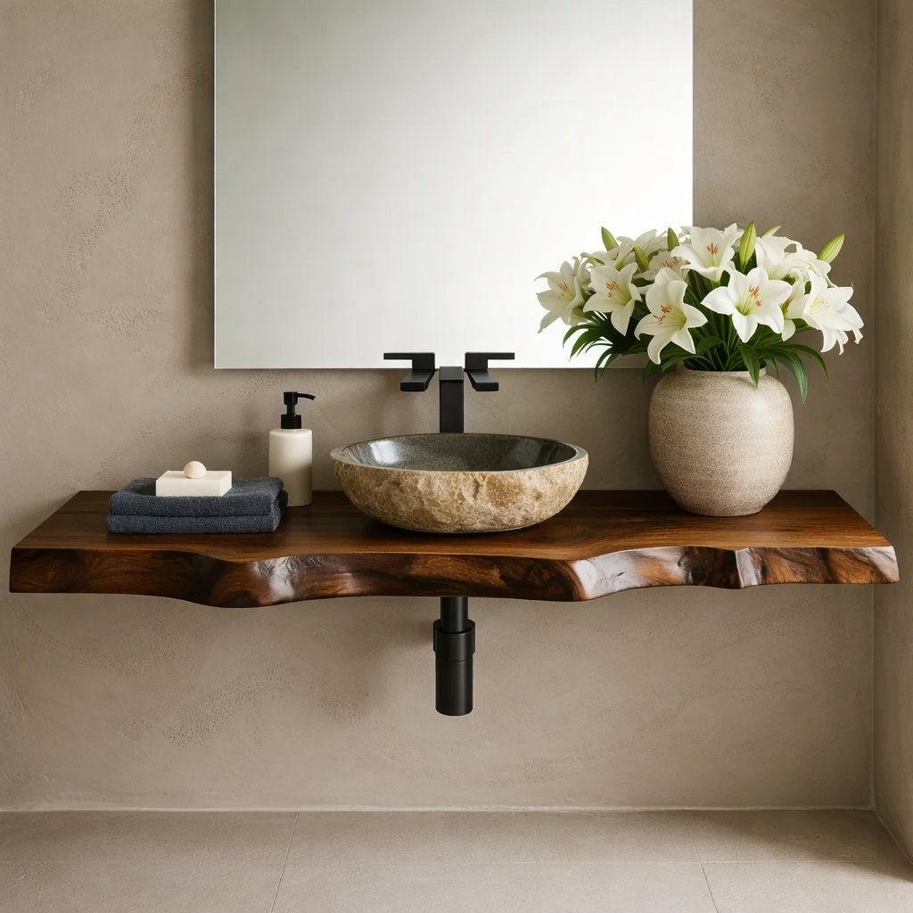 Floating Live Edge Solid Wood Bathroom Vanity Shelf – Natural Wood Slab Wall Mounted Countertop Kitchnce