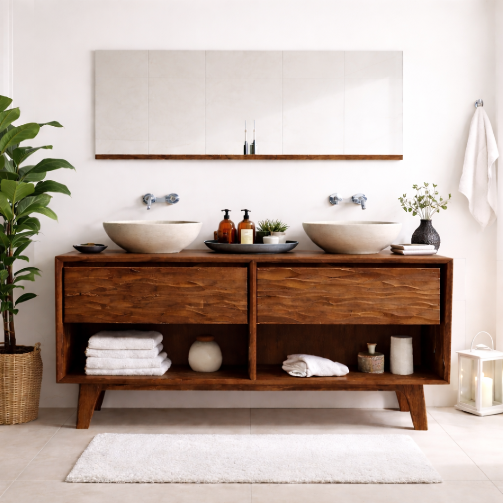 Mid-Century Solid Wood Double Bathroom Vanity with Sculpted Wave Drawer Fronts and Open Storage Kitchnce