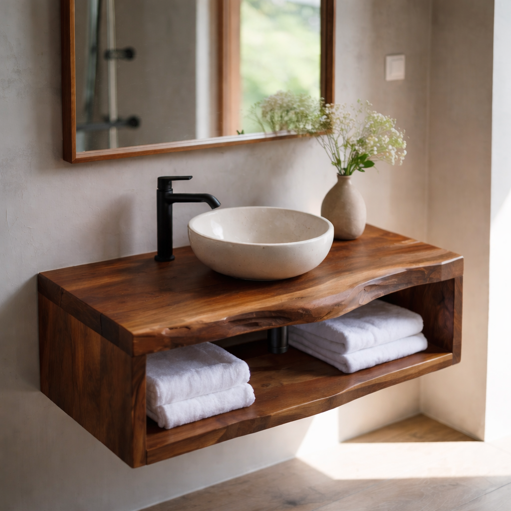 Live Edge Floating Bathroom Vanity, Solid Wood Wall Mounted Vanity Shelf with Storage Kitchnce