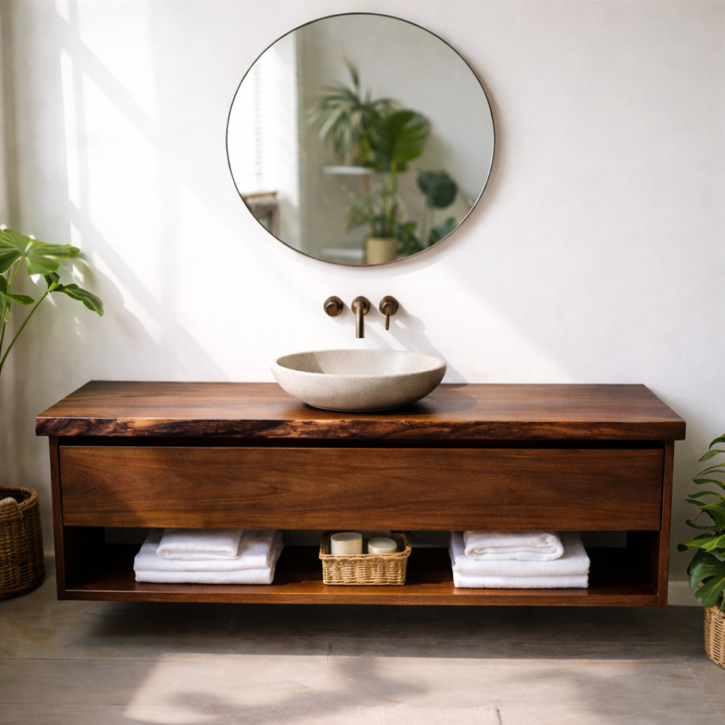 Floating Solid Wood Bathroom Vanity with Drawer and Open Shelf, Wall Mounted Wood Vanity