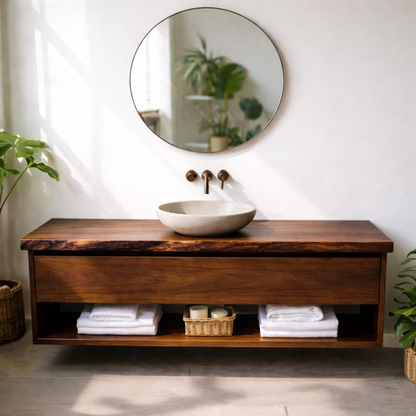 Floating Solid Wood Bathroom Vanity with Drawer and Open Shelf, Wall Mounted Wood Vanity Kitchnce
