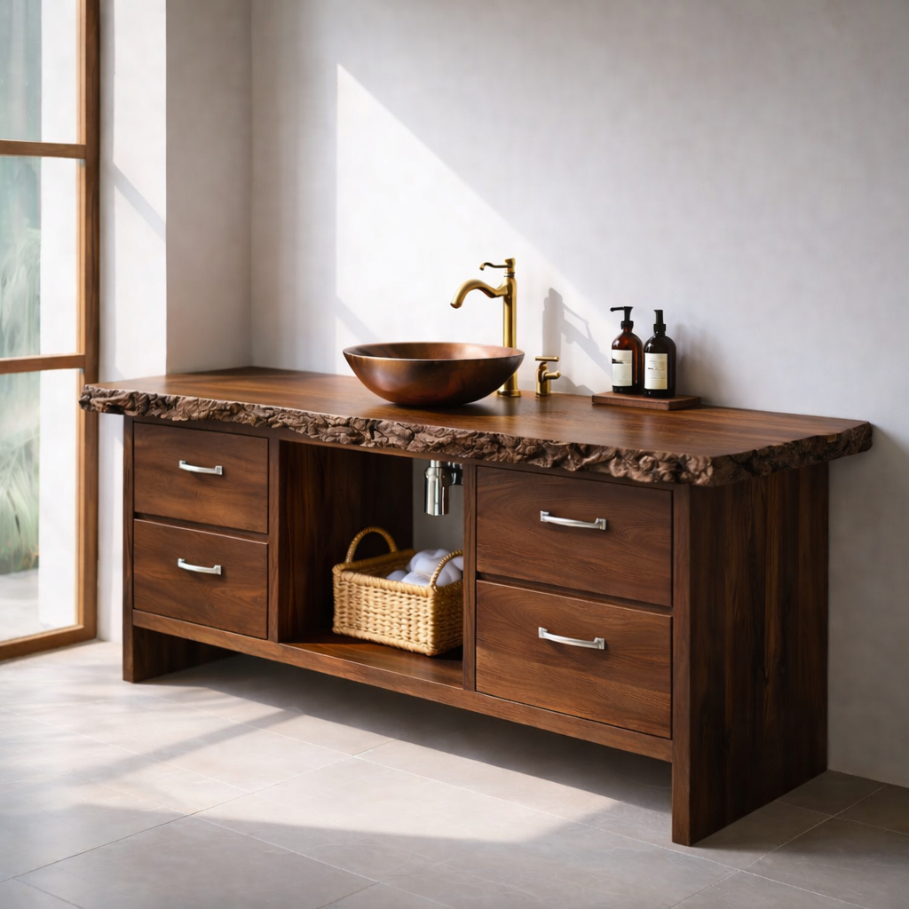 Rustic Solid Wood Bathroom Vanity with Live Edge Countertop Kitchnce