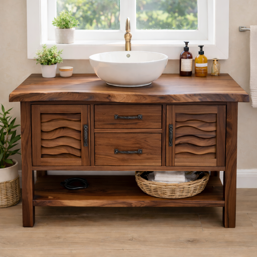 Solid Wood Bathroom Vanity with Sculpted Wave Doors and Open Shelf Kitchnce