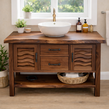 Solid Wood Bathroom Vanity with Sculpted Wave Doors and Open Shelf Kitchnce