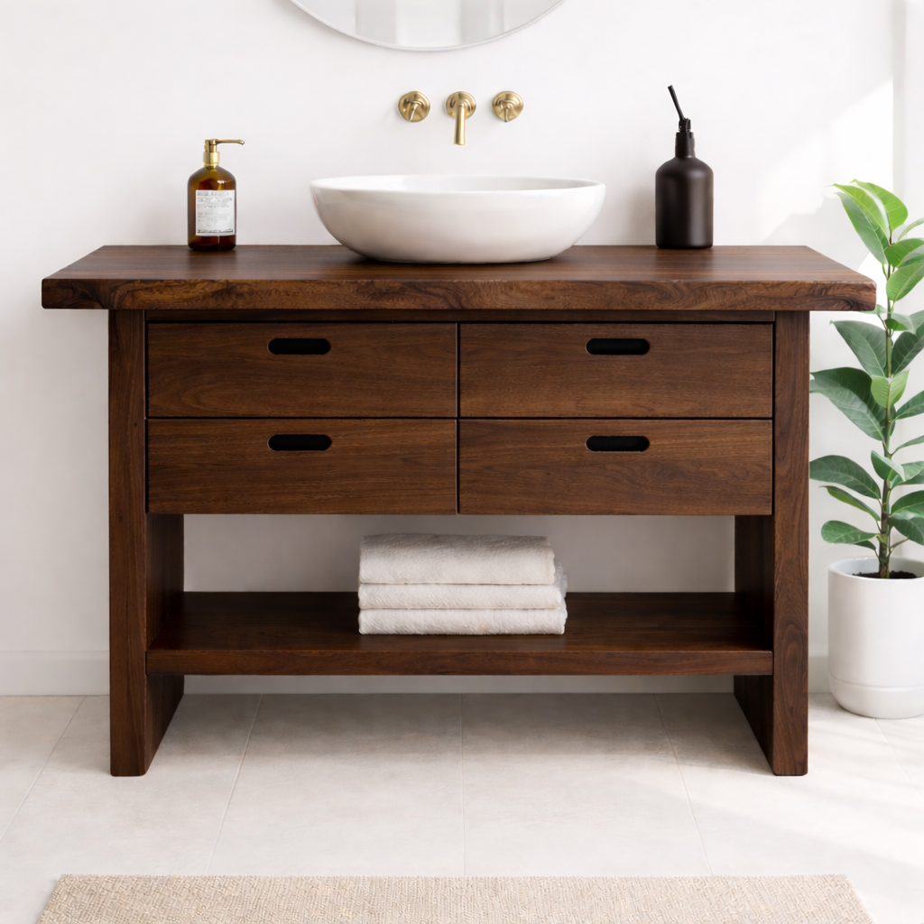 Solid Wood Bathroom Vanity Cabinet with Live Edge Top, 4 Drawers and Open Storage Shelf Kitchnce