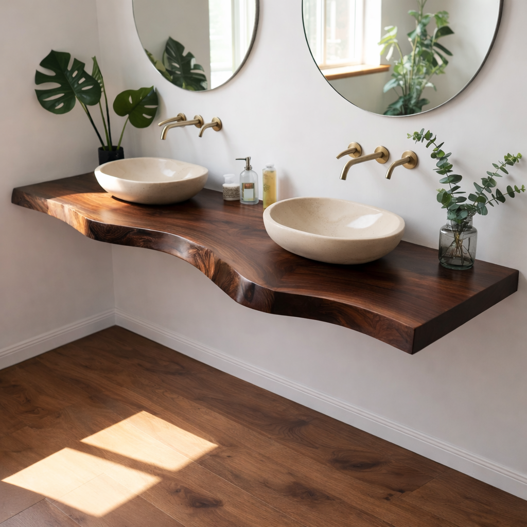 Floating Live Edge Solid Wood Double Sink Bathroom Vanity Top – Rustic Wall Mounted Wood Countertop Kitchnce