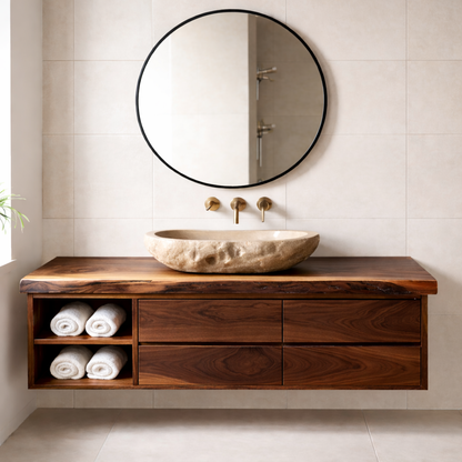 Floating Solid Wood Bathroom Vanity with Live Edge Countertop, Drawers and Open Storage Kitchnce