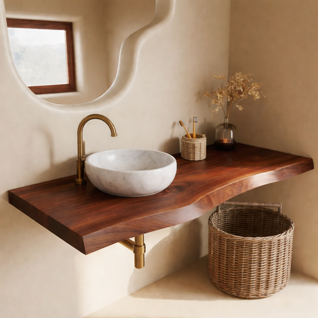 Floating Live Edge Solid Wood Bathroom Vanity Top – Rustic Wall Mounted Wood Countertop Shelf Kitchnce
