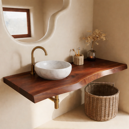 Floating Live Edge Solid Wood Bathroom Vanity Top – Rustic Wall Mounted Wood Countertop Shelf Kitchnce