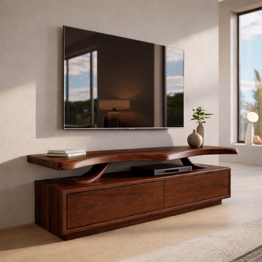 Live Edge Walnut Wood TV Stand with Drawers – Rustic Style Media Console