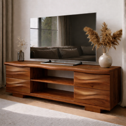 Solid Wood TV Stand with Drawers and Open Shelves for Natural Style Interiors Kitchnce