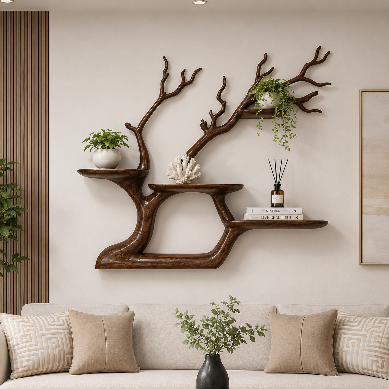 Handcrafted Solid Wood Tree Bookshelf with Floating Shelves