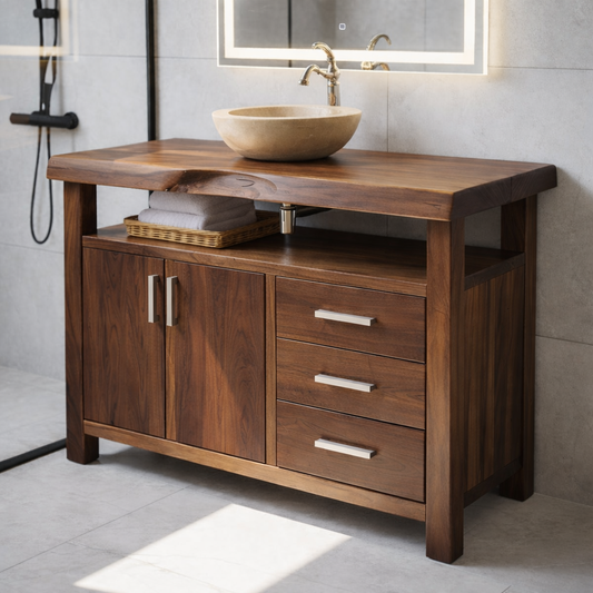 Solid Wood Bathroom Vanity with Cabinet Doors, Three Drawers and Open Shelf – Freestanding Natural Wood Vanity Kitchnce