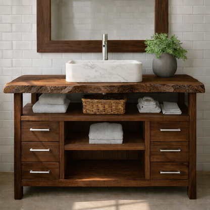 Solid Wood Bathroom Vanity with Six Drawers and Open Shelves – Freestanding Natural Wood Vanity Cabinet Kitchnce