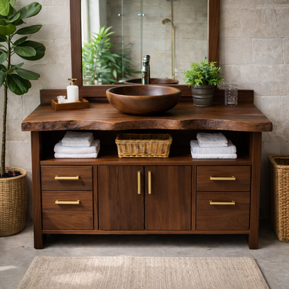 Live Edge Solid Wood Bathroom Vanity with Four Drawers, Double Cabinet Doors and Open Shelf Kitchnce