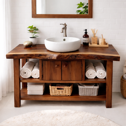 Live Edge Solid Wood Bathroom Vanity with Open Shelves and Storage Cabinet – Rustic Modern Bathroom Vanity Kitchnce
