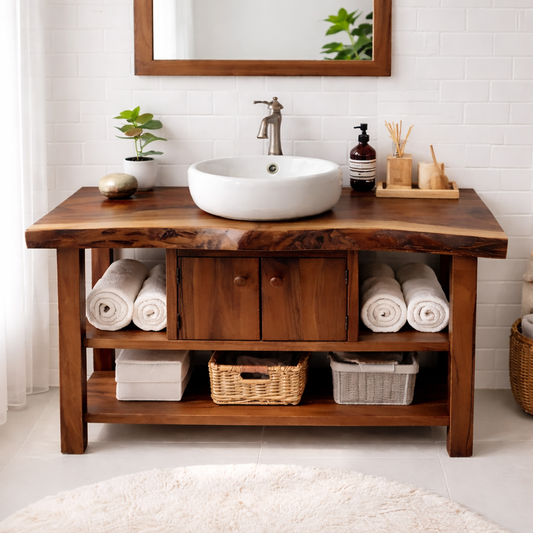 Live Edge Solid Wood Bathroom Vanity with Open Shelves and Storage Cabinet – Rustic Modern Bathroom Vanity Kitchnce