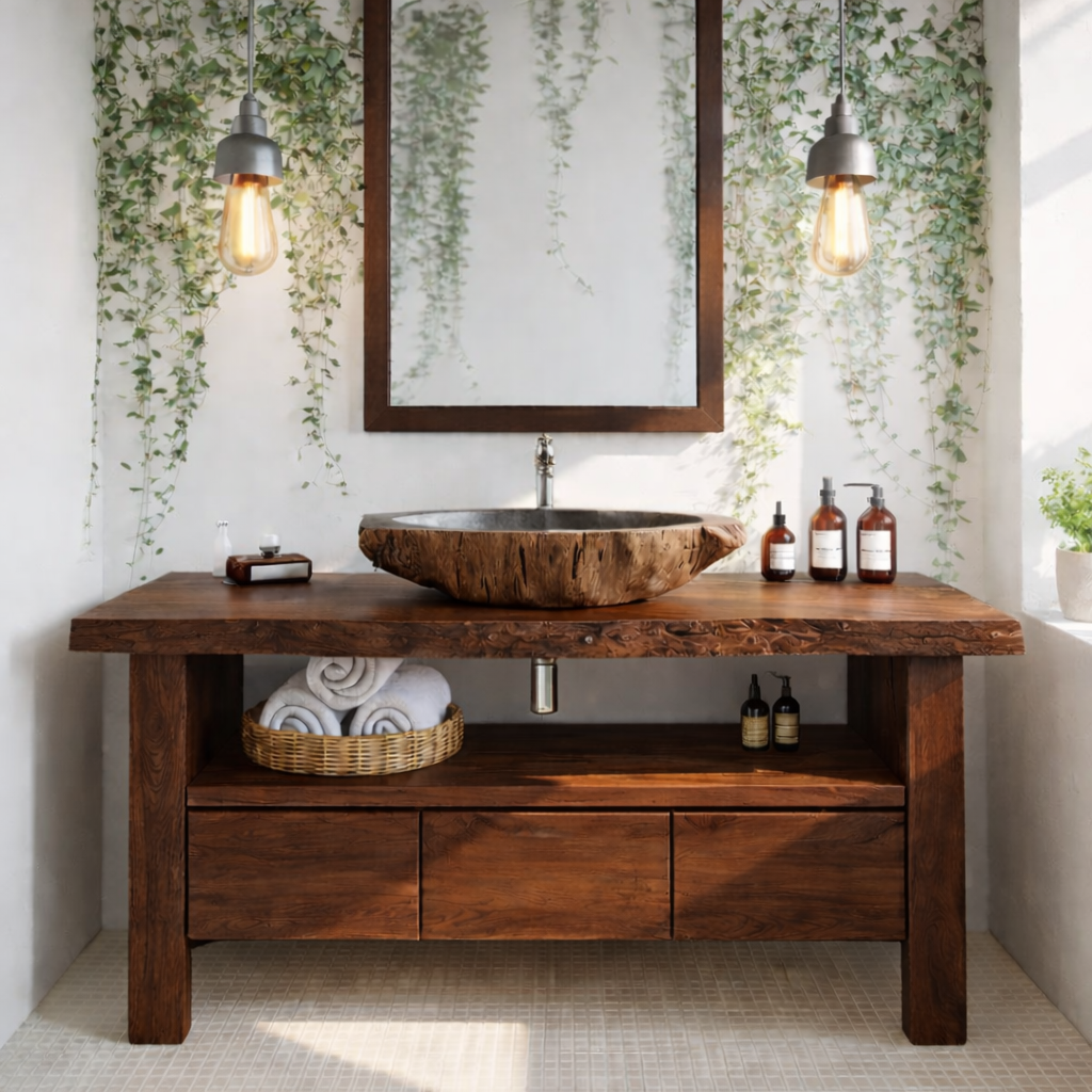 Live Edge Solid Wood Bathroom Vanity with Drawers and Open Shelf – Rustic Natural Wood Bathroom Vanity Kitchnce