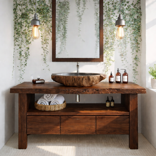 Live Edge Solid Wood Bathroom Vanity with Drawers and Open Shelf – Rustic Natural Wood Bathroom Vanity Kitchnce