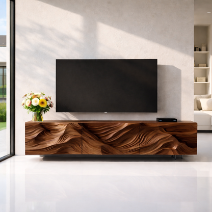 Modern Solid Wood TV Stand with Artistic Carved Front – Walnut Media Console Cabinet Kitchnce