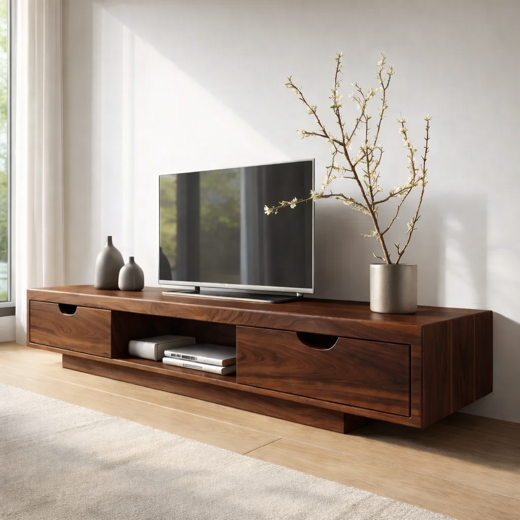 Walnut Wood TV Stand with Drawers – Modern Solid Wood Media Console Cabinet Kitchnce