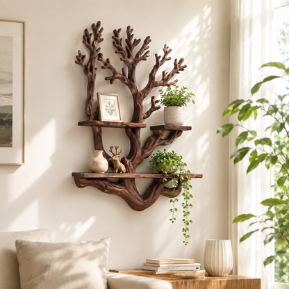 Handcrafted Solid Wood Tree Display Shelf with Organic Branch Design