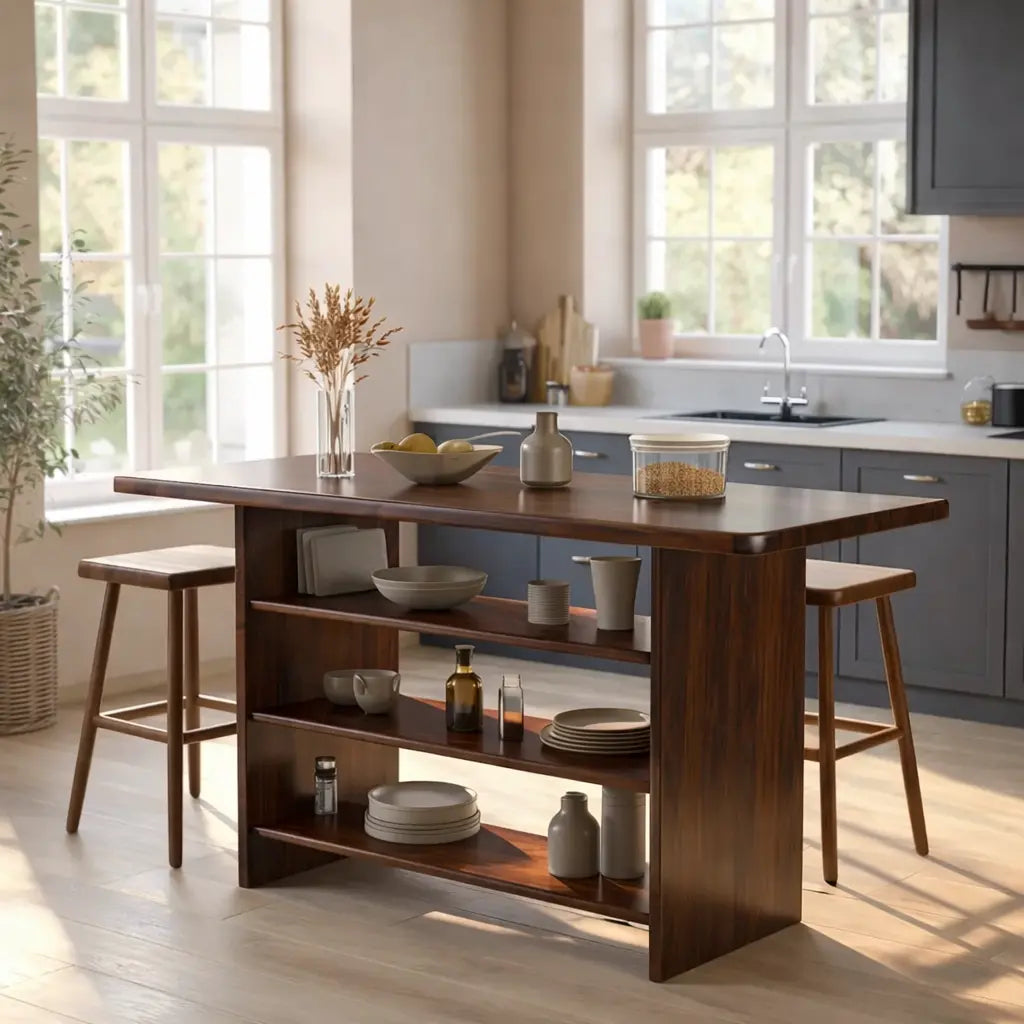Solid Wood Kitchen Island with Open Storage Shelves and Kitchen Bar Table Kitchnce
