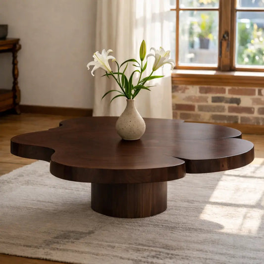 Organic Shaped Walnut Coffee Table with Pedestal Base, Modern Sculptural Design for Living Room Kitchnce