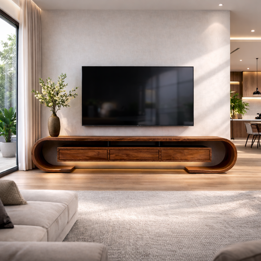 Modern Curved Solid Wood TV Stand – Walnut Floating Media Console with Drawers Kitchnce