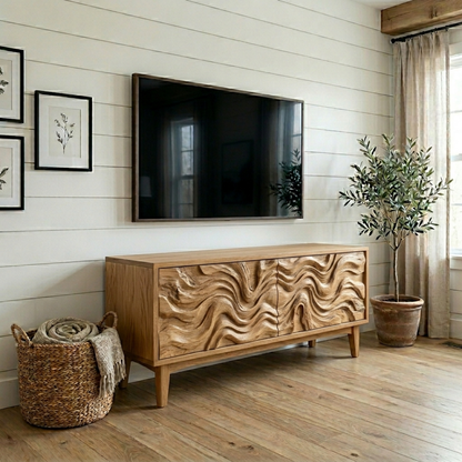 Solid Wood Rustic TV Stand with Hand-Carved Wave Doors – Modern Media Console
