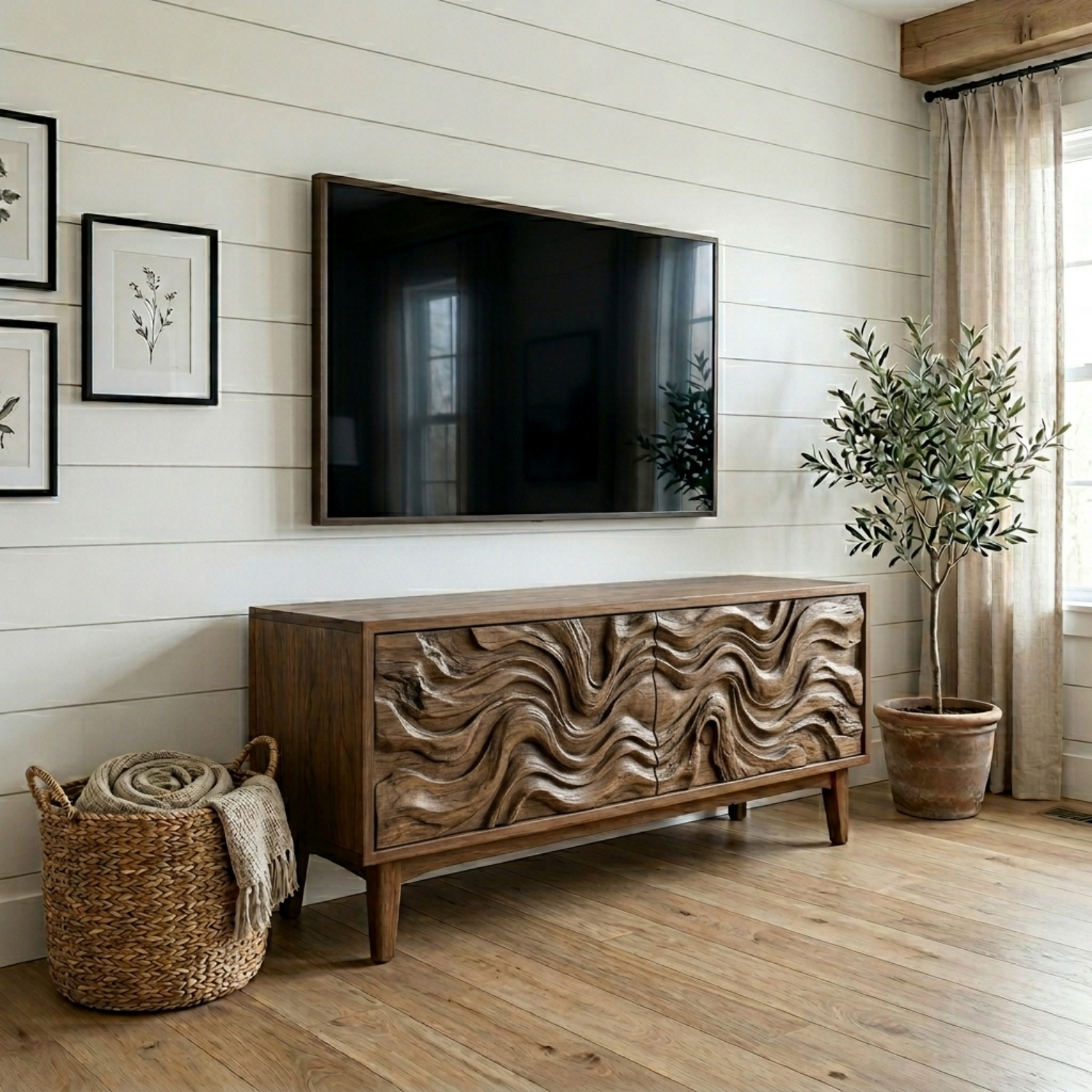 Solid Wood Rustic TV Stand with Hand-Carved Wave Doors – Modern Media Console