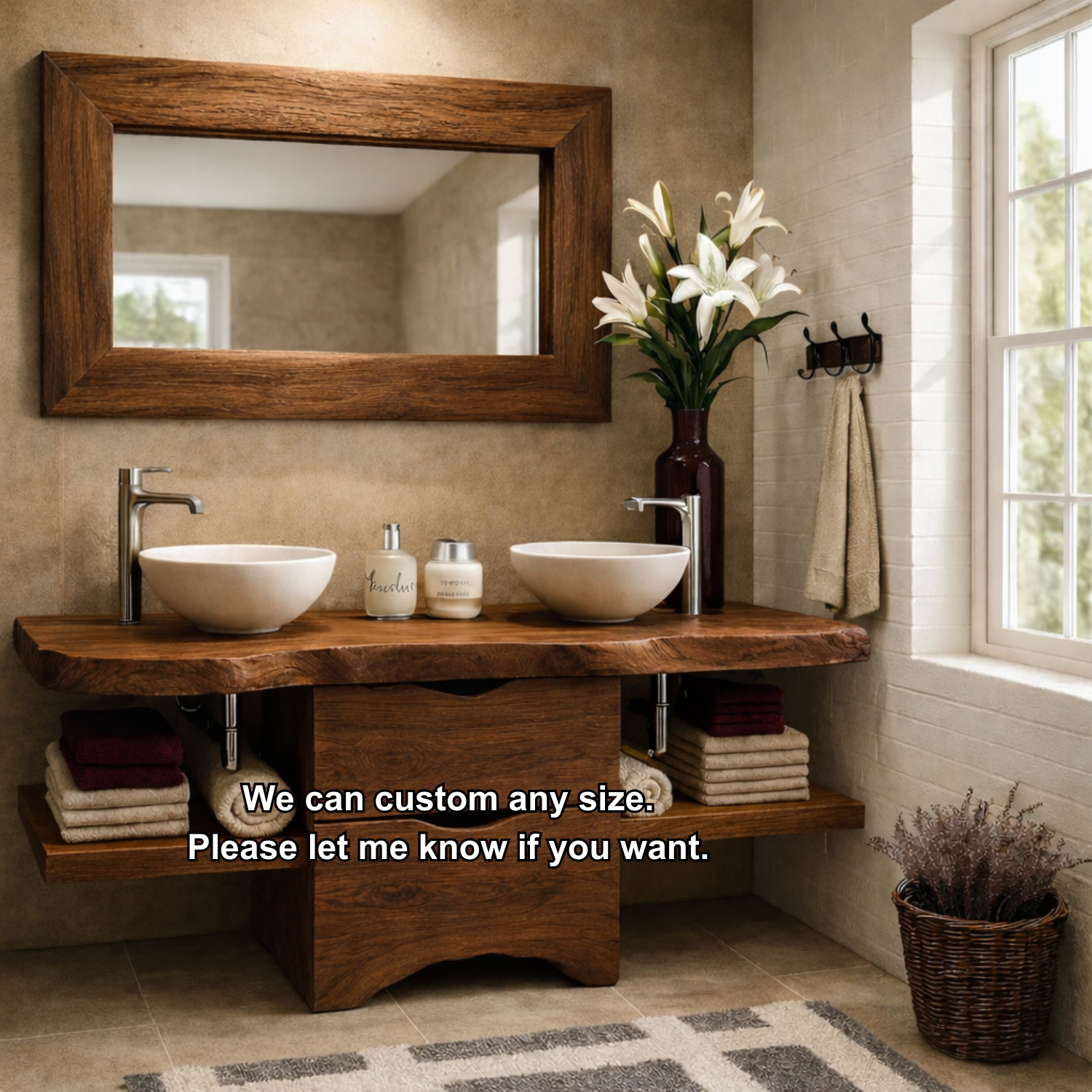 Live Edge Solid Wood Bathroom Vanity with Drawers & Open Shelf