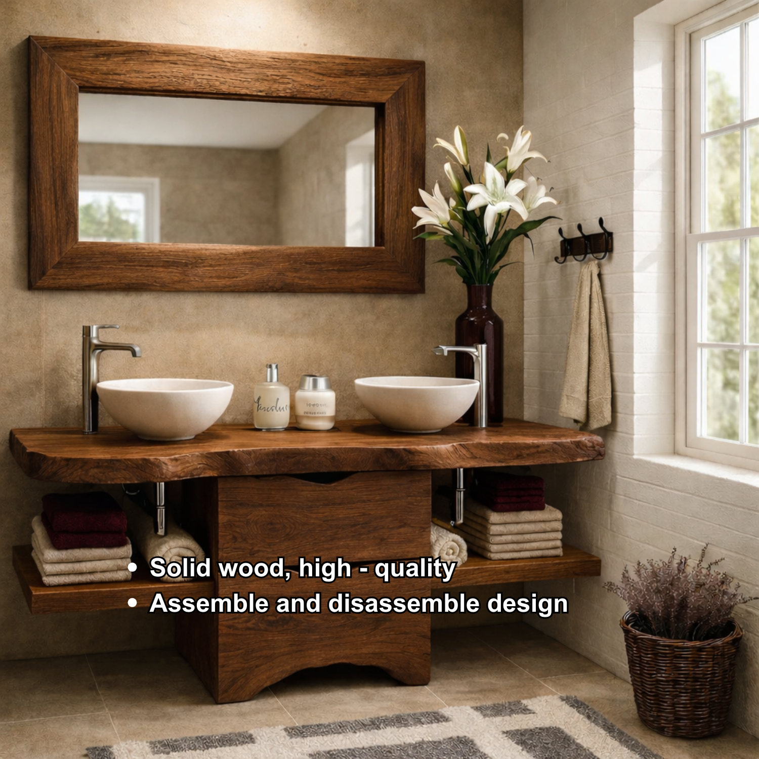 Live Edge Solid Wood Bathroom Vanity with Drawers & Open Shelf