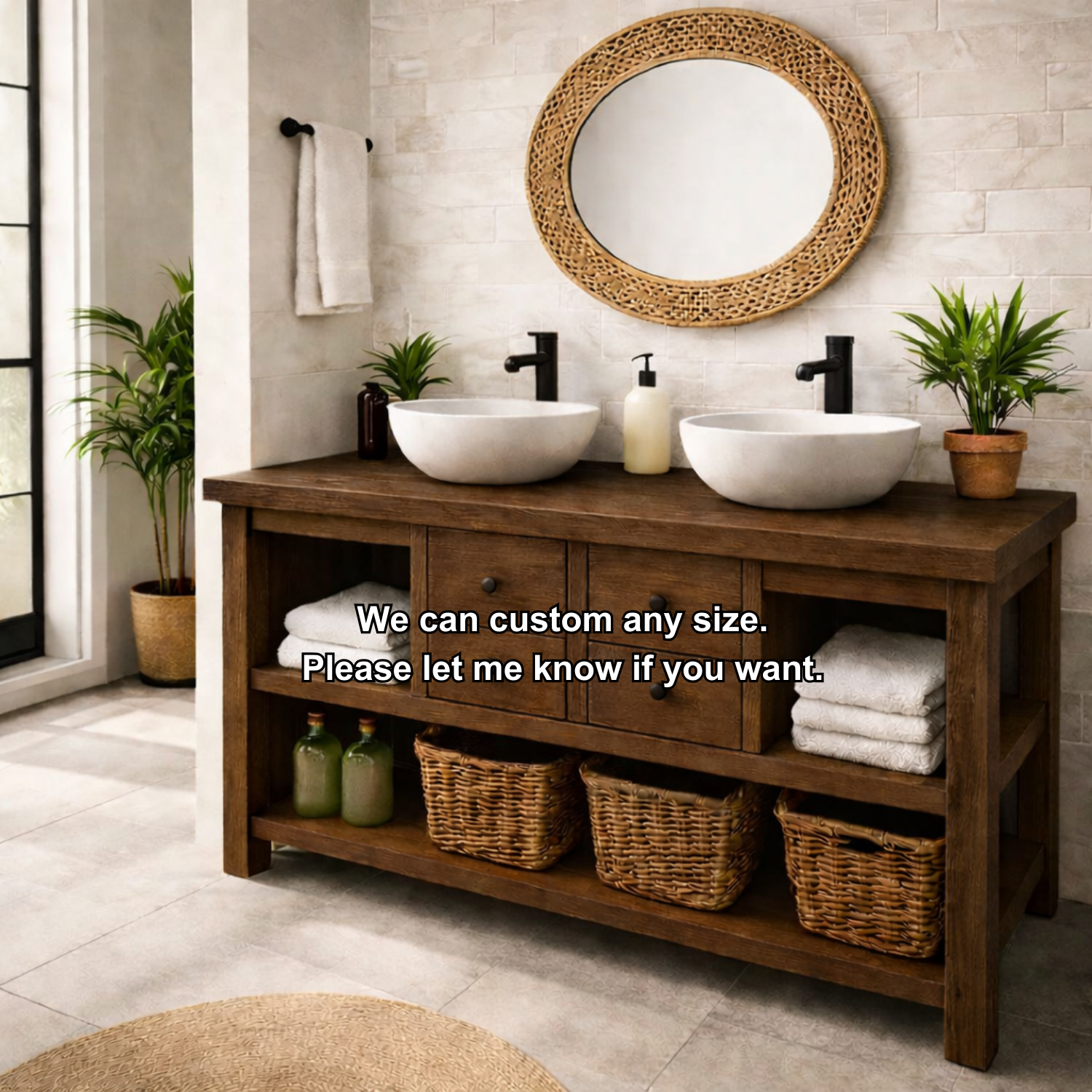 Solid Wood Double Bathroom Vanity with 4 Drawers & Open Shelves