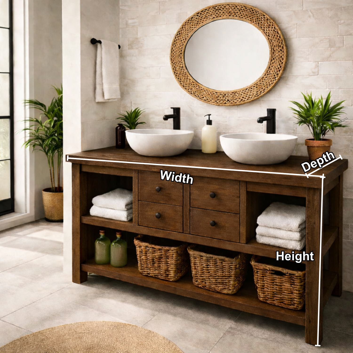 Solid Wood Double Bathroom Vanity with 4 Drawers & Open Shelves