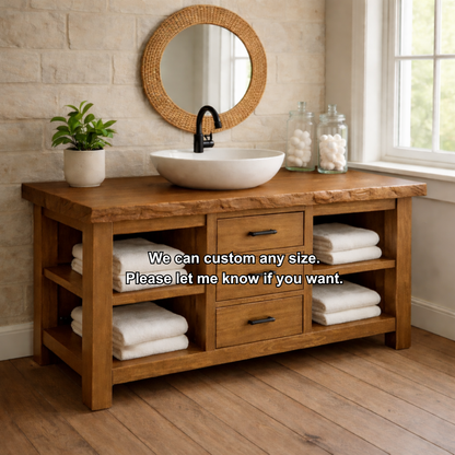 Live Edge Solid Wood Bathroom Vanity with 3 Drawers & Open Shelves