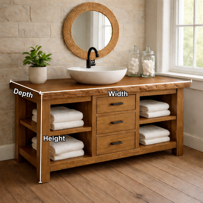 Live Edge Solid Wood Bathroom Vanity with 3 Drawers & Open Shelves