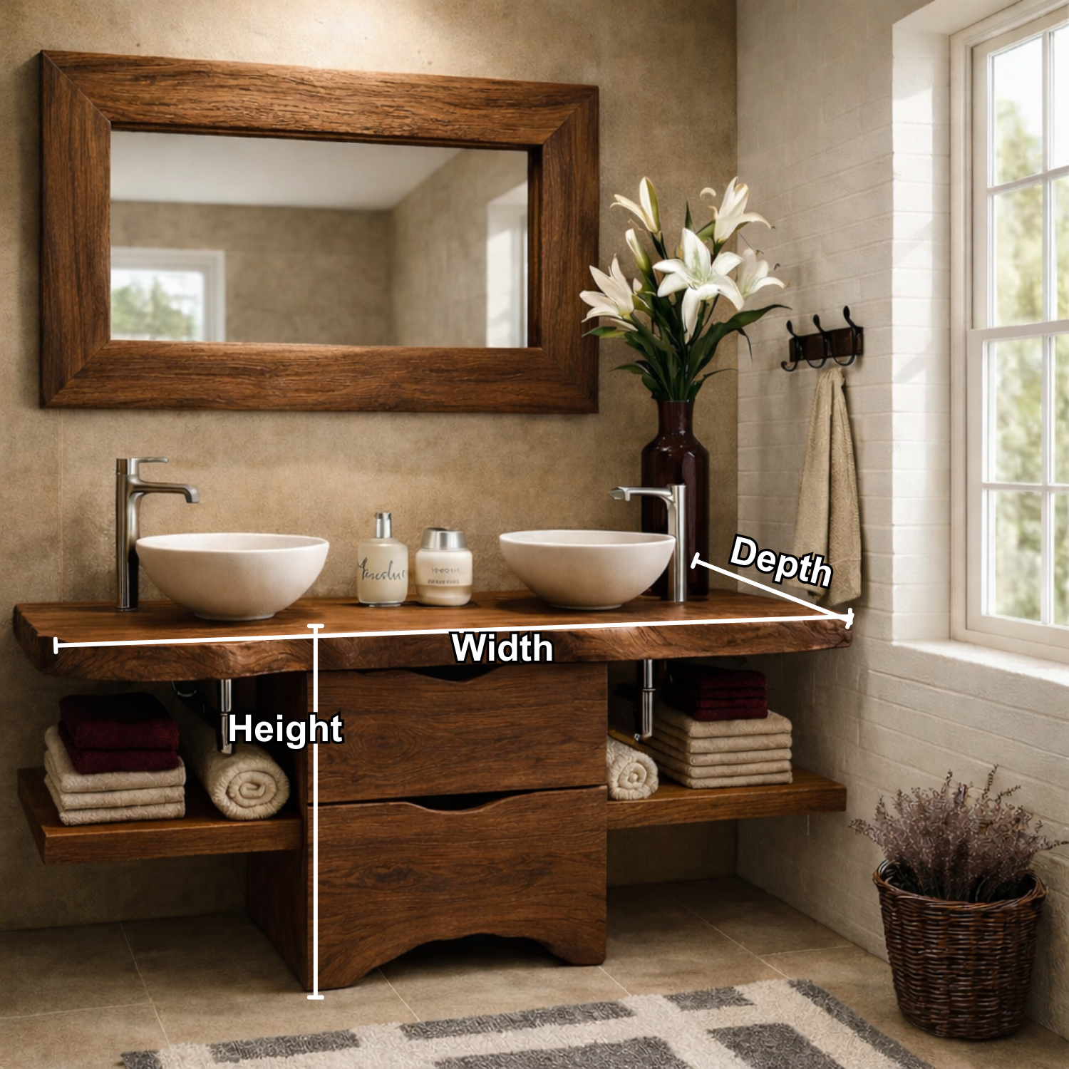 Live Edge Solid Wood Bathroom Vanity with Drawers & Open Shelf