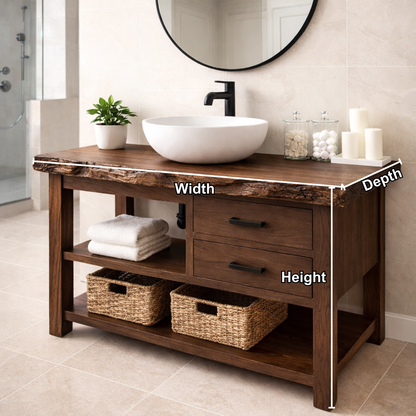 Live Edge Solid Wood Bathroom Vanity with 2 Drawers & Open Shelf